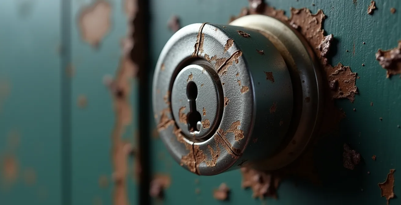 Gros plan macro sur un cylindre de serrure haute sécurité avec des copeaux métalliques suggérant une tentative de perçage