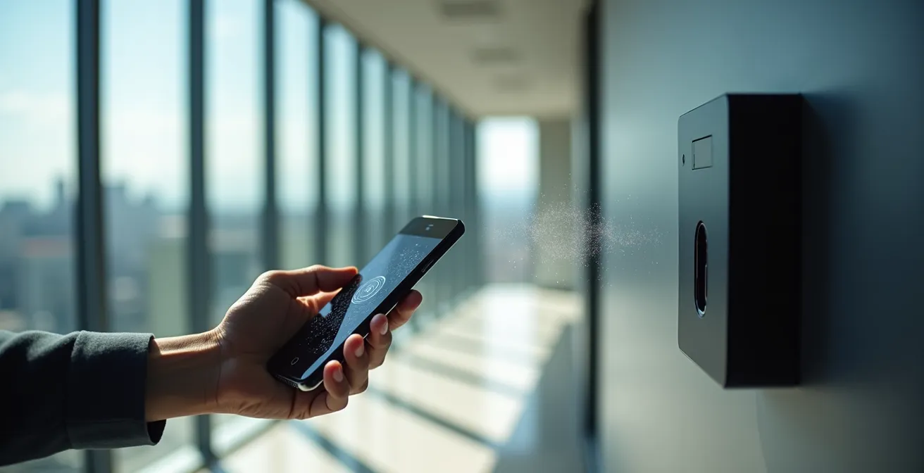 Smartphone émettant des ondes NFC invisibles vers un lecteur de badge dans un environnement de bureau moderne