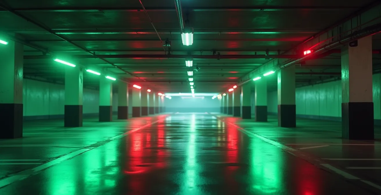 Système de guidage avec capteurs à ultrason et LED indicatrices au plafond d'un parking