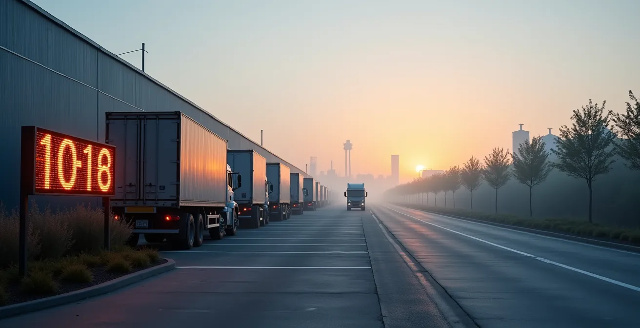 Vue latérale d'une entrée de site industriel avec zone d'attente dédiée pour camions et système de gestion des créneaux