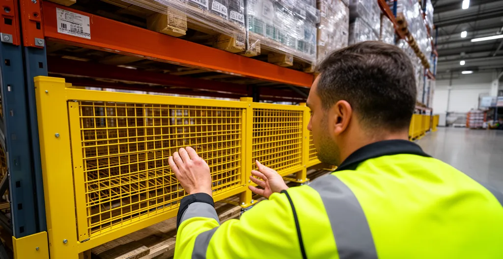 Technicien inspectant la fixation d'une protection de pied de rayonnage jaune dans un entrepôt industriel
