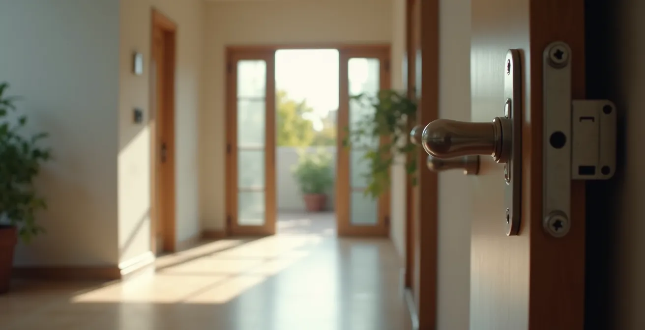 Vue de l'intérieur d'une porte montrant une poignée verrouillable sécurisée