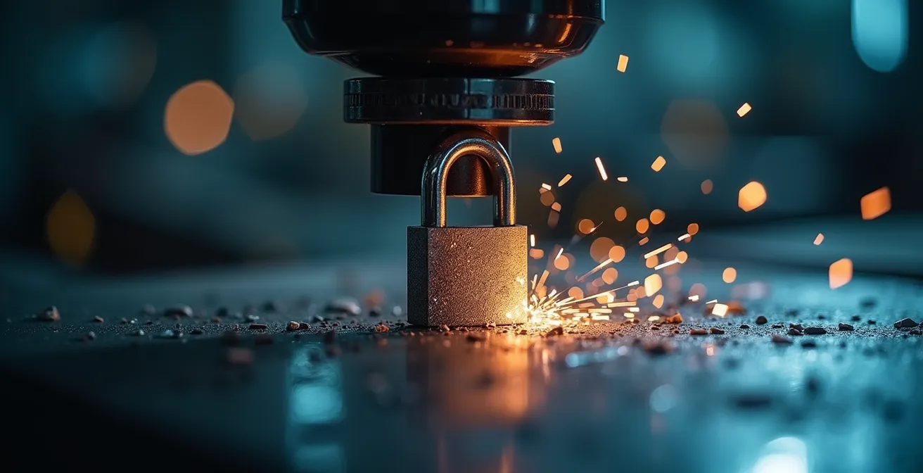 Test de résistance d'un cadenas grade 5 en acier cémenté