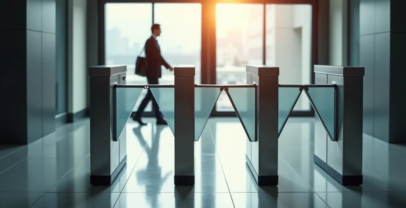 Tourniquet tripode moderne avec lecteur de badge intégré dans un hall d'entreprise