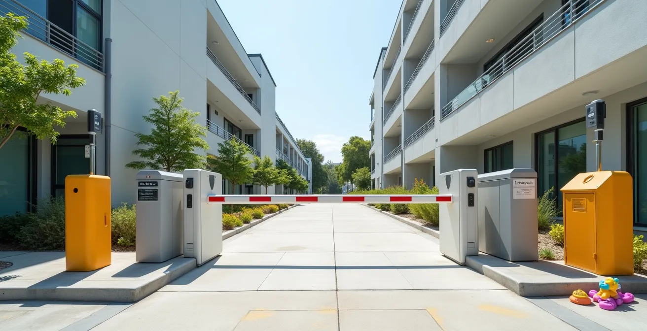 Barrière de parking en mouvement lent avec dispositifs de sécurité visibles dans une copropriété