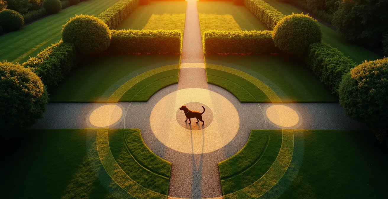 Vue aérienne d'un jardin avec zones de détection différenciées pour la sécurité