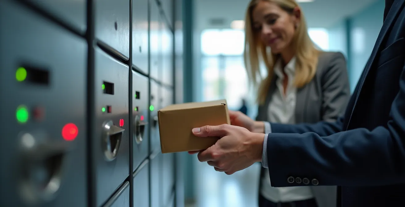 Espace de réception de colis sécurisé avec casiers connectés dans un hall d'entreprise