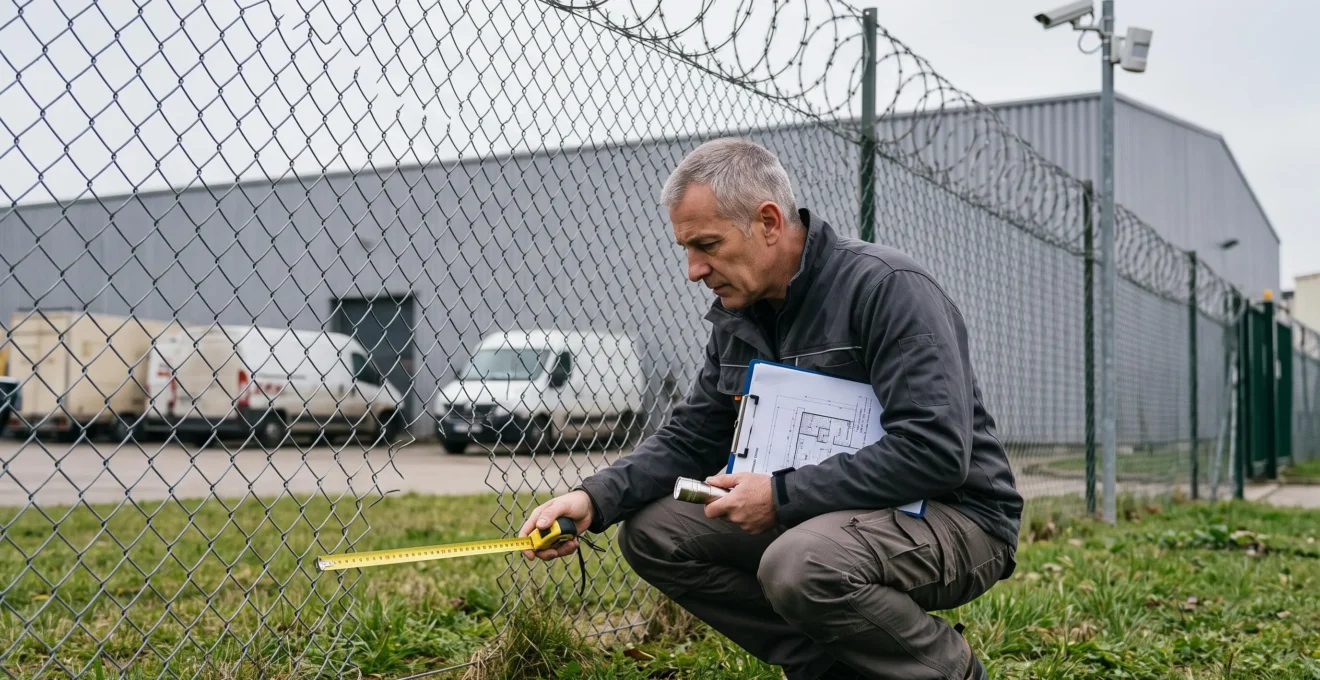 Un consultant en sécurité accroupi inspecte une section endommagée de la clôture périphérique d'un site d'entreprise, mètre ruban et lampe torche en main