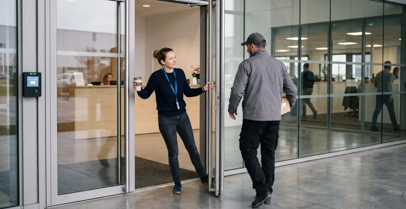 Une employée maintient la porte d'entrée d'un bâtiment d'entreprise ouverte pendant qu'un livreur entre derrière elle sans badger, lecteur de badges à côté de la porte