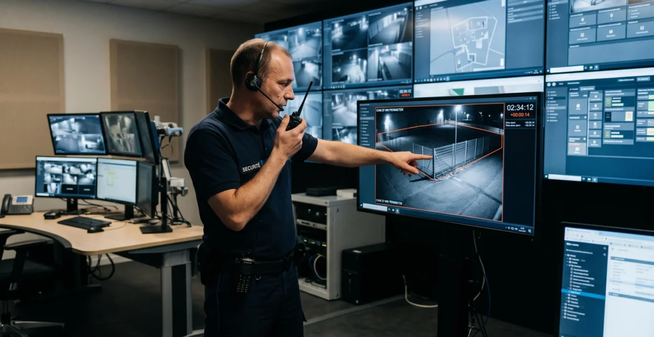 Un opérateur de télésurveillance debout analyse sur un mur d'écrans une alerte d'intrusion filmée la nuit sur une clôture d'entrepôt