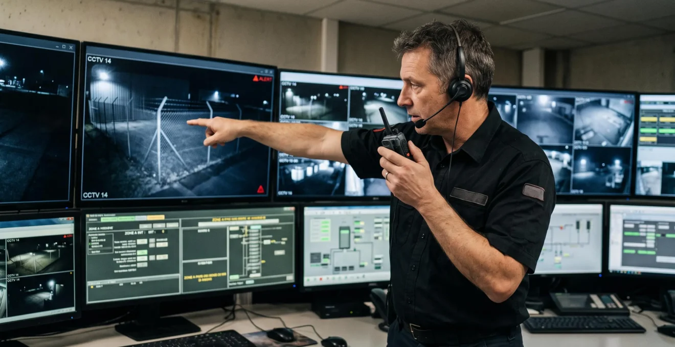 Un opérateur de télésurveillance debout analyse sur un mur d'écrans une alerte d'intrusion filmée la nuit sur une clôture d'entrepôt