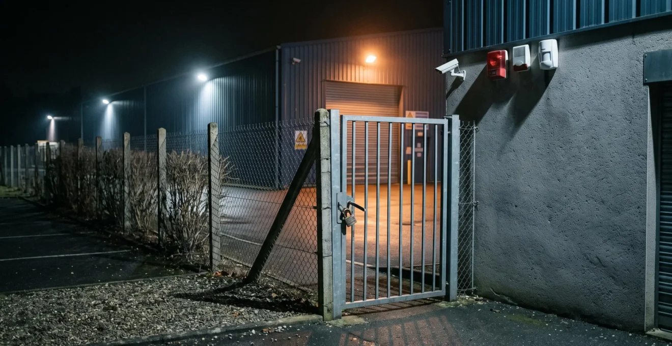 Portillon piétonnier forcé sur un site d'entreprise semi-isolé la nuit, avec sirène d'alarme et détecteur de mouvement visibles sur la façade