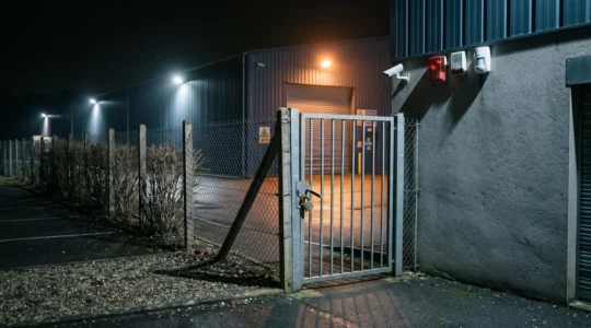 Portillon piétonnier forcé sur un site d'entreprise semi-isolé la nuit, avec sirène d'alarme et détecteur de mouvement visibles sur la façade