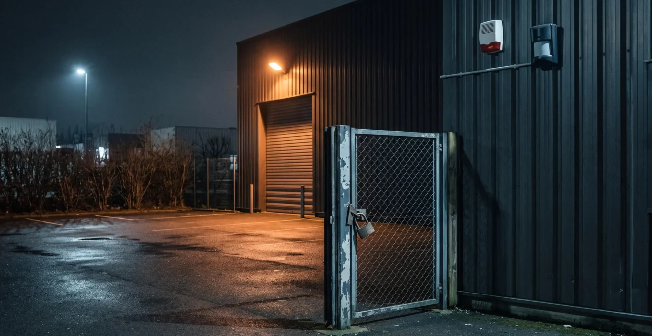 Portillon piétonnier forcé sur un site d'entreprise semi-isolé la nuit, avec sirène d'alarme et détecteur de mouvement visibles sur la façade